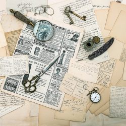 antique accessories, old letters and postcards. ephemera antike accessoires, alte briefe und postkarten, vintage tuschestift. nostalgischer sentimentaler hintergrund. ephemera und zeitung